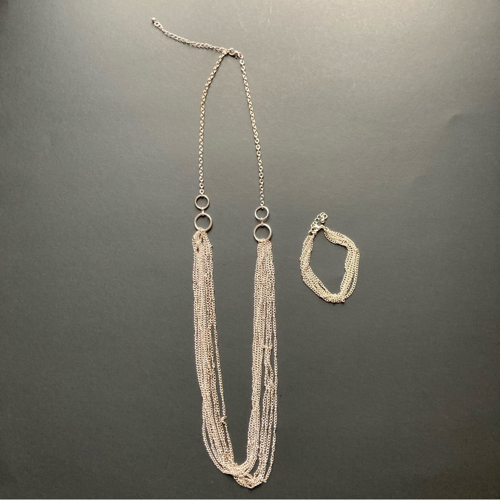 Silver Multi Chain Necklace & Bracelet Set